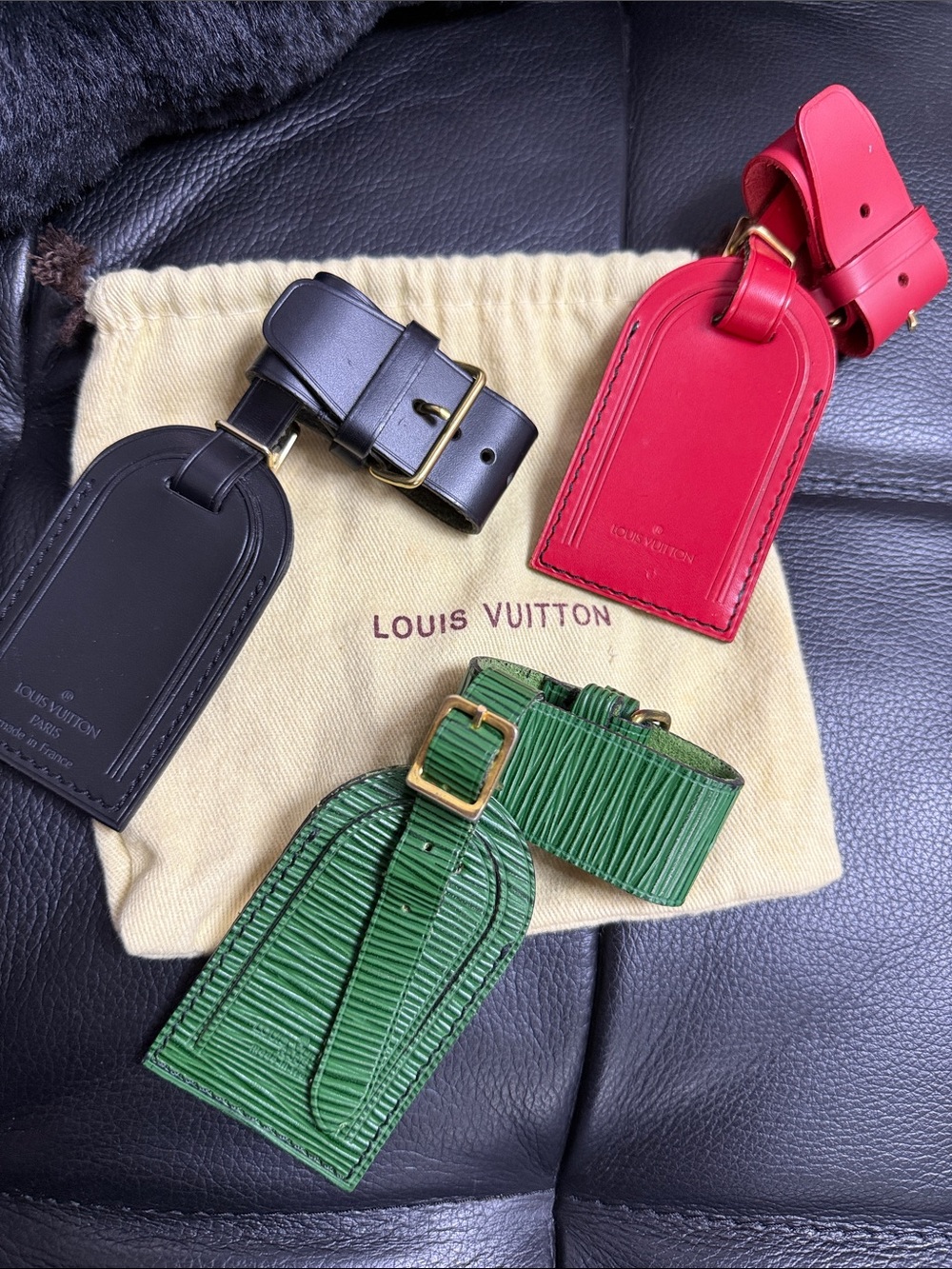 Louis Vuitton Leather Luggage Tags in Black, Red, Green plus Dusty BUNDLE SALE